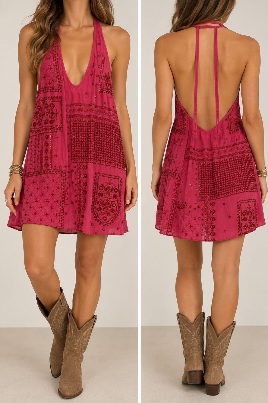 Free People Pink Embroidered Halter Mini Dress XS Boho Y2K Festival
